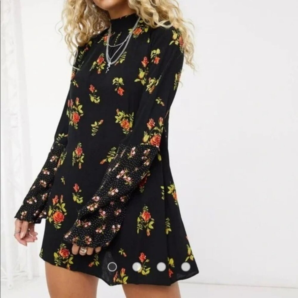 FREE PEOPLE Tate‎ Black floral bell sleeve mini dress/tunic size S.